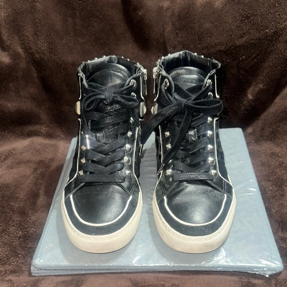 Stylish Black Leopard High-Top Studded Sneakers - Picture 4 of 15